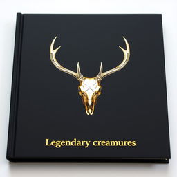 A minimalistic book cover with a foil deer skull in the center and a small gold shining 'Legendary creatures' sentence underneath it