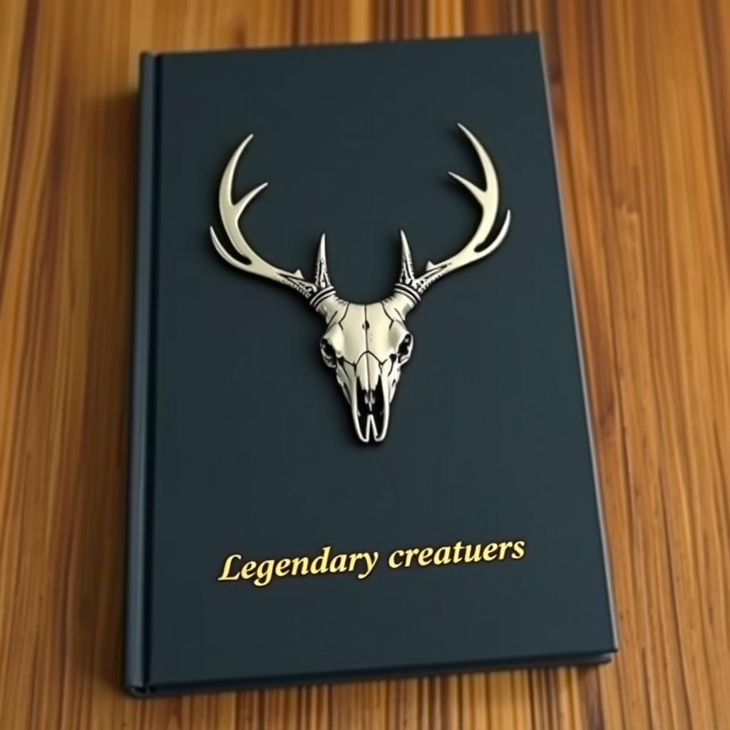 A minimalistic book cover with a foil deer skull in the center and a small gold shining 'Legendary creatures' sentence underneath it