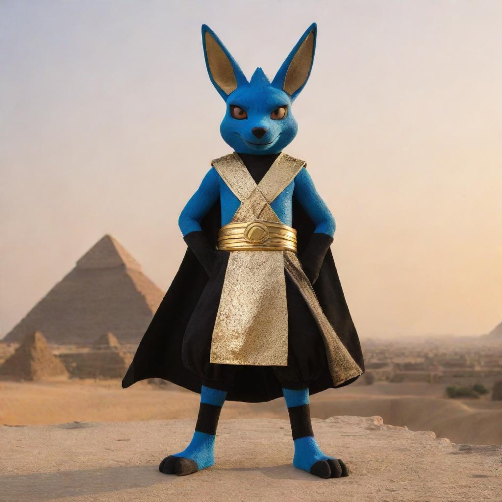 Lucario, the Pokémon, adorned in glistening gold and black traditional Egyptian attire, standing against a majestic backdrop of the Pyramids of Giza at sunset.