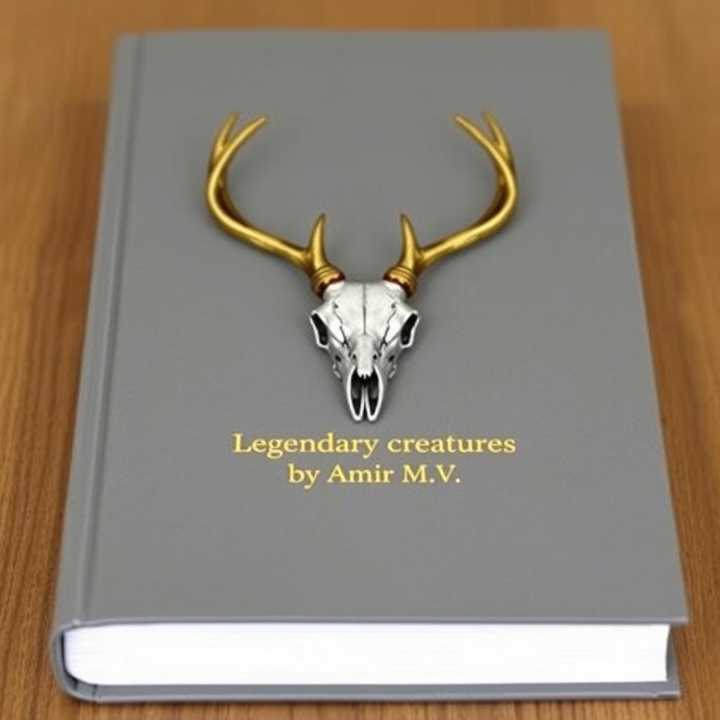 A minimalistic book cover with a foil deer skull in the center and a small gold shining 'Legendary creatures' sentence underneath it