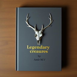 A minimalistic book cover with a foil deer skull in the center and a small gold shining 'Legendary creatures' sentence underneath it