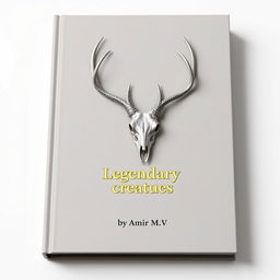 A minimalistic book cover with a foil deer skull in the center and a small gold shining 'Legendary creatures' sentence underneath it