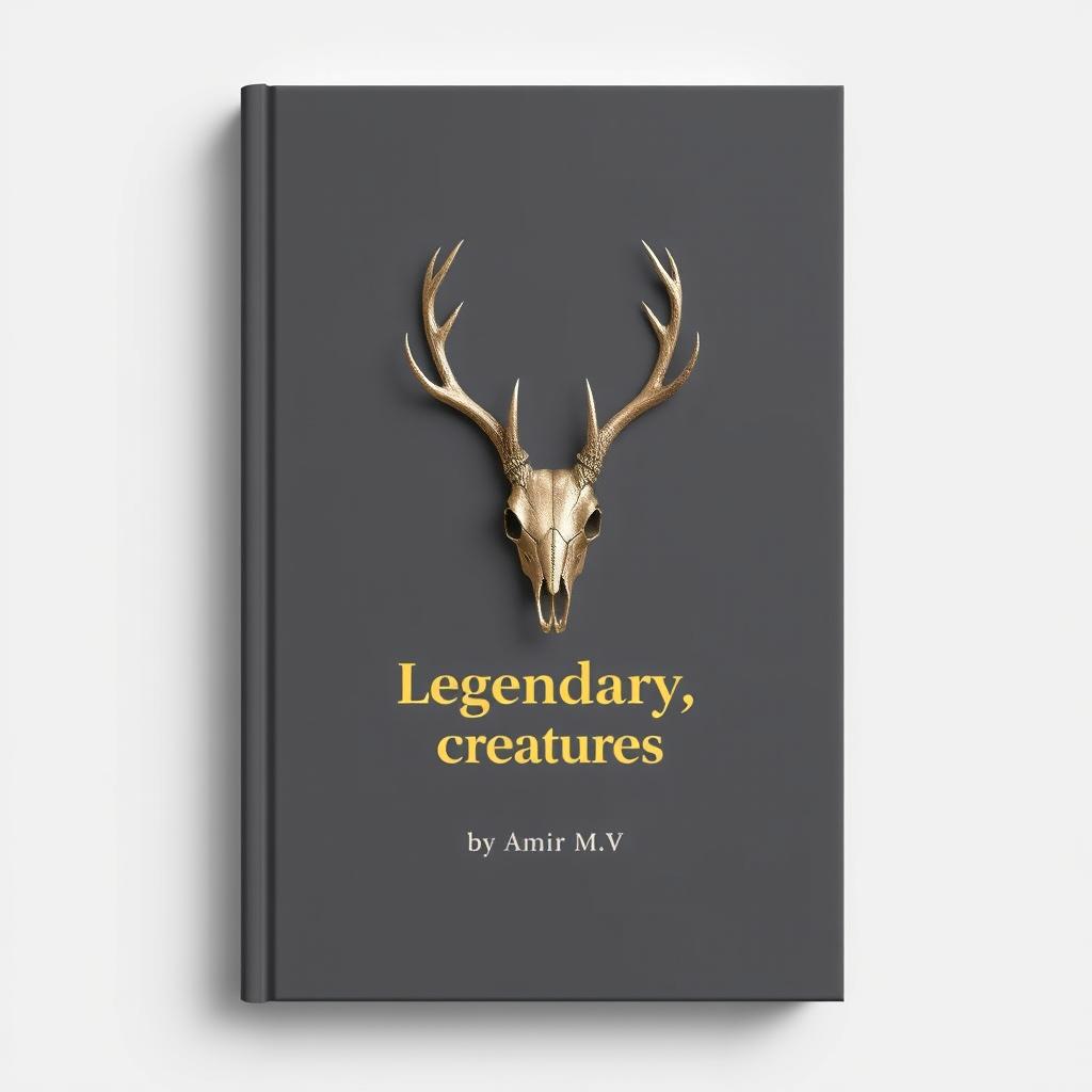 A minimalistic book cover with a foil deer skull in the center and a small gold shining 'Legendary creatures' sentence underneath it