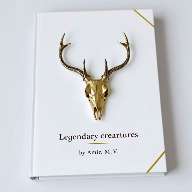 A minimalistic book cover with a foil deer skull in the center and a small gold shining 'Legendary creatures' sentence underneath it