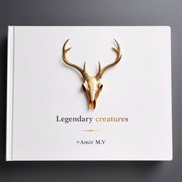 A minimalistic book cover with a foil deer skull in the center and a small gold shining 'Legendary creatures' sentence underneath it