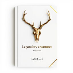 A minimalistic book cover with a foil deer skull in the center and a small gold shining 'Legendary creatures' sentence underneath it