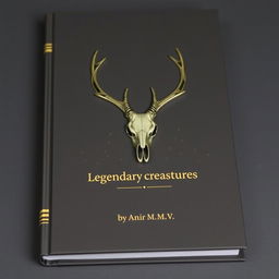 A minimalistic book cover with a foil deer skull in the center and a small gold shining 'Legendary creatures' sentence underneath it