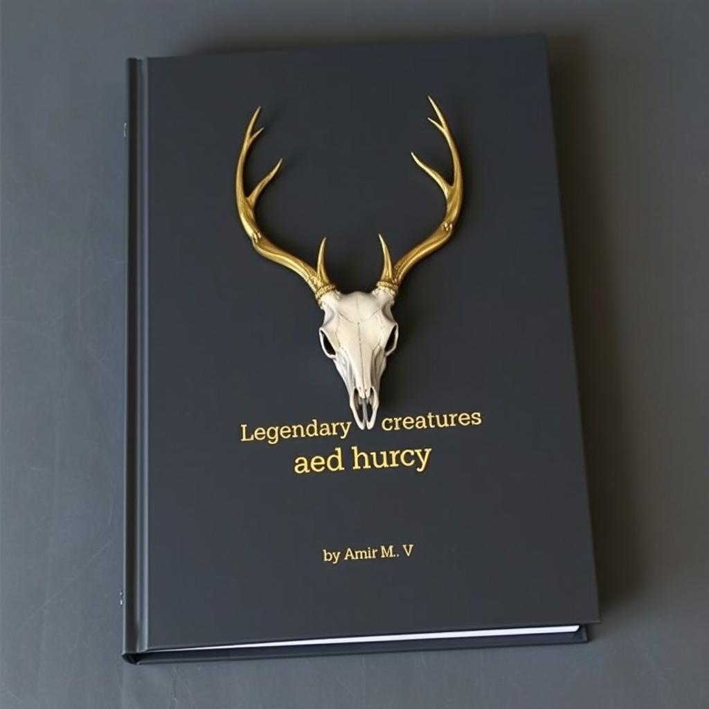 A minimalistic book cover featuring a foil deer skull in the center, with a small gold shining 'Legendary creatures' sentence underneath it