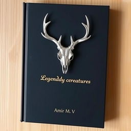 A minimalistic book cover featuring a foil deer skull in the center, with a small gold shining 'Legendary creatures' sentence underneath it