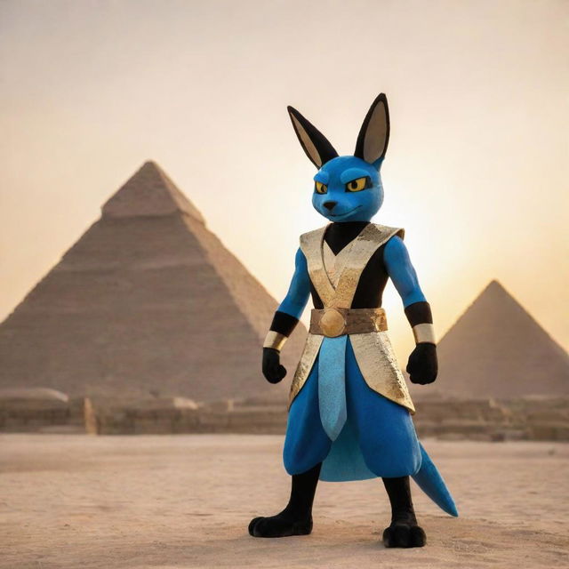 Lucario, the Pokémon, adorned in glistening gold and black traditional Egyptian attire, standing against a majestic backdrop of the Pyramids of Giza at sunset.