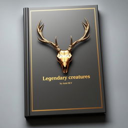 A minimalistic book cover featuring a foil deer skull in the center, with a small gold shining 'Legendary creatures' sentence underneath it