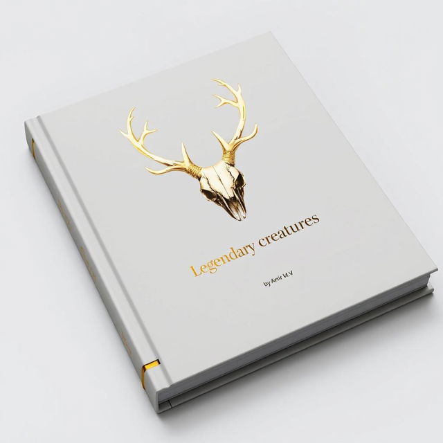 A minimalistic book cover featuring a foil deer skull in the center, with a small gold shining 'Legendary creatures' sentence underneath it