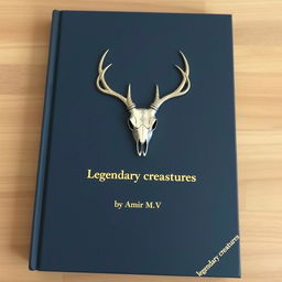 A minimalistic book cover with a foil deer skull in the center and a small gold shining 'Legendary creatures' sentence underneath it