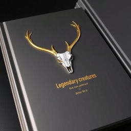 A minimalistic book cover with a foil deer skull in the center and a small gold shining 'Legendary creatures' sentence underneath it