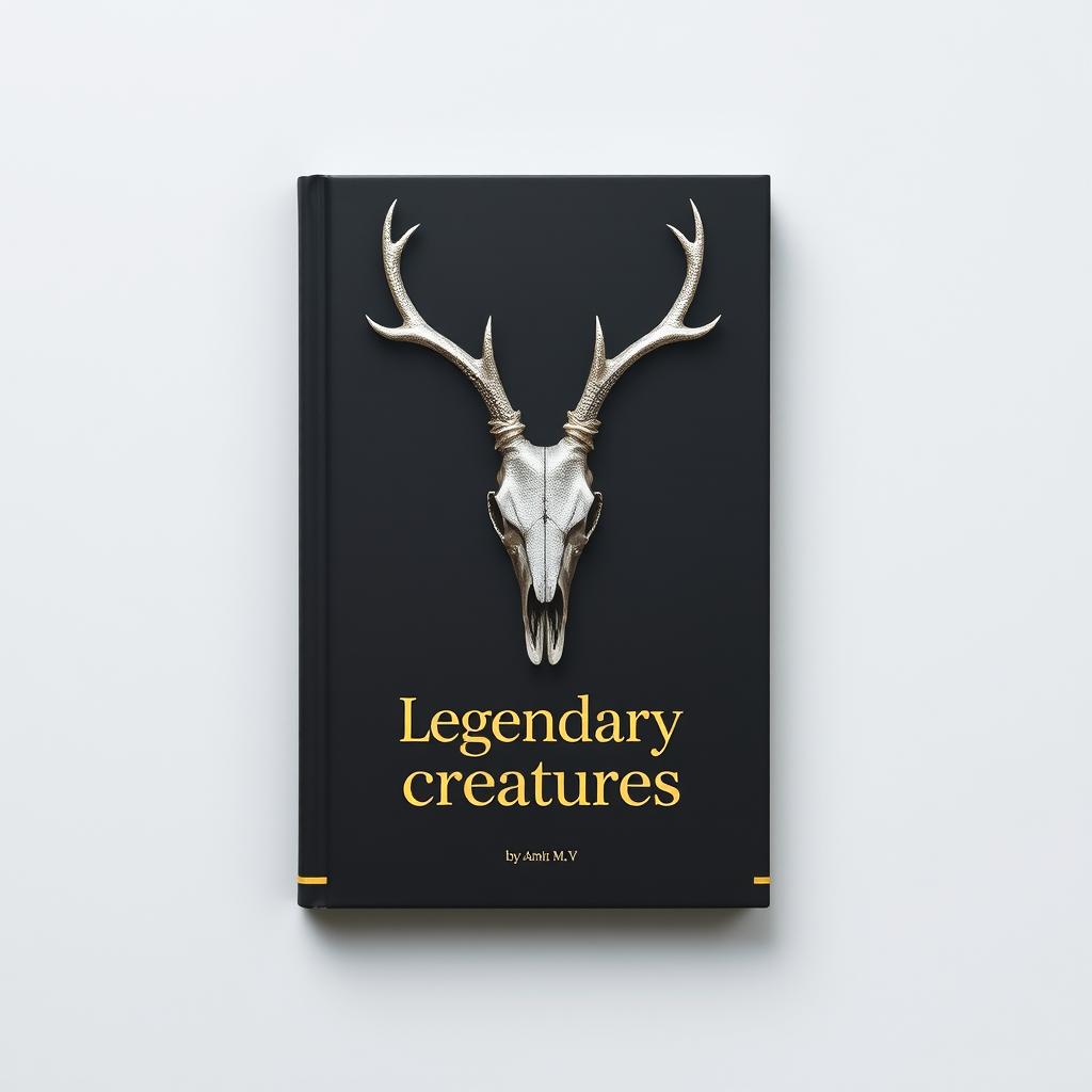 A minimalistic book cover with a foil deer skull in the center and a small gold shining 'Legendary creatures' sentence underneath it