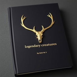 A minimalistic book cover with a foil deer skull in the center and a small gold shining 'Legendary creatures' sentence underneath it