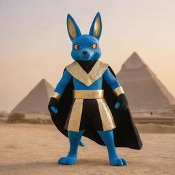 Lucario, the Pokémon, adorned in glistening gold and black traditional Egyptian attire, standing against a majestic backdrop of the Pyramids of Giza at sunset.