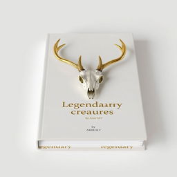 A minimalistic book cover with a foil deer skull in the center and a small gold shining 'Legendary creatures' sentence underneath it