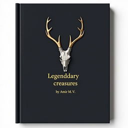 A minimalistic book cover with a foil deer skull in the center and a small gold shining 'Legendary creatures' sentence underneath it