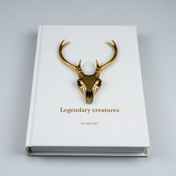 A minimalistic book cover with a foil deer skull in the center and a small gold shining 'Legendary creatures' sentence underneath it