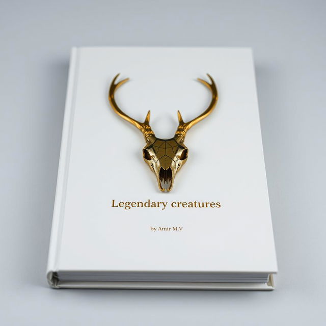 A minimalistic book cover with a foil deer skull in the center and a small gold shining 'Legendary creatures' sentence underneath it