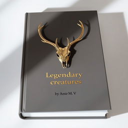 A minimalistic book cover with a foil deer skull in the center and a small gold shining 'Legendary creatures' sentence underneath it