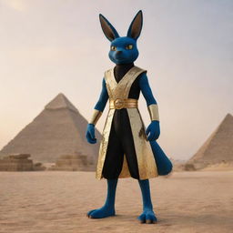 Lucario, the Pokémon, adorned in glistening gold and black traditional Egyptian attire, standing against a majestic backdrop of the Pyramids of Giza at sunset.