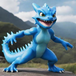 Veemon, the blue dragon-like Digimon character, striking an expressive pose on an adventurous digital landscape.