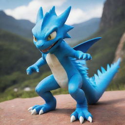 Veemon, the blue dragon-like Digimon character, striking an expressive pose on an adventurous digital landscape.