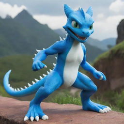 Veemon, the blue dragon-like Digimon character, striking an expressive pose on an adventurous digital landscape.