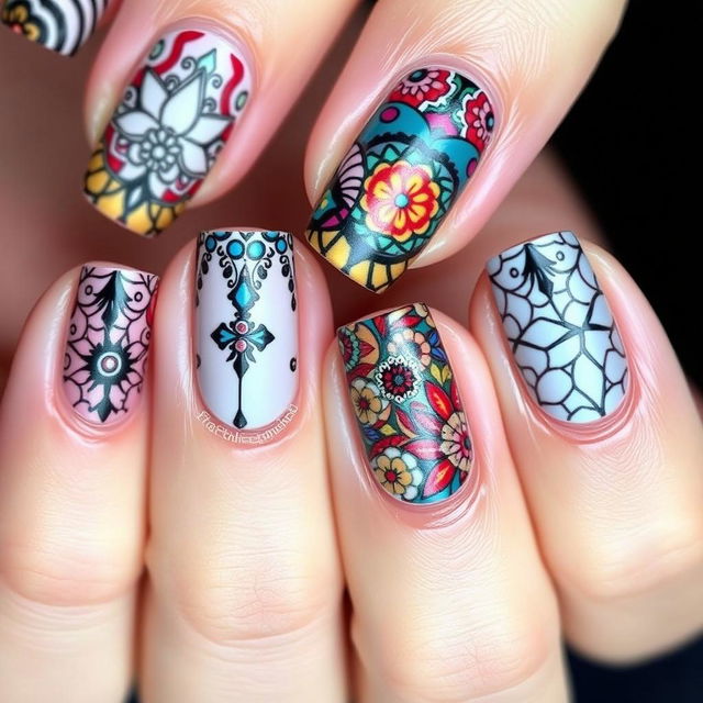 A detailed close-up of beautifully designed nail art featuring intricate patterns and vibrant colors