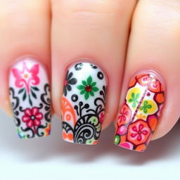 A detailed close-up of beautifully designed nail art featuring intricate patterns and vibrant colors