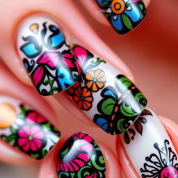 A detailed close-up of beautifully designed nail art featuring intricate patterns and vibrant colors