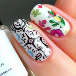 A detailed close-up of beautifully designed nail art featuring intricate patterns and vibrant colors