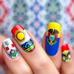 Create a vibrant nail art design inspired by the cultures of Chile and Ecuador