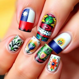 Create a vibrant nail art design inspired by the cultures of Chile and Ecuador