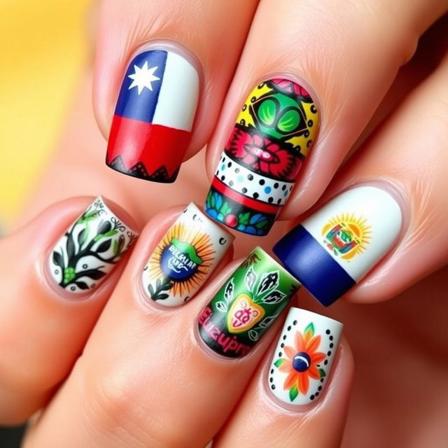 Create a vibrant nail art design inspired by the cultures of Chile and Ecuador