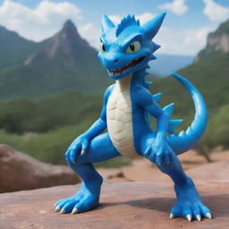 Veemon, the blue dragon-like Digimon character, striking an expressive pose on an adventurous digital landscape.