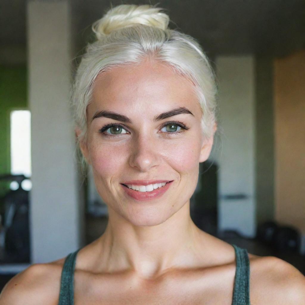 Photograph of a 30-year-old, average-build girl with white hair in a fitness room. She has long square proportional facial features, dimples in her cheeks, bow lips, large black eyebrows, smooth medium green eyes, and swarthy skin