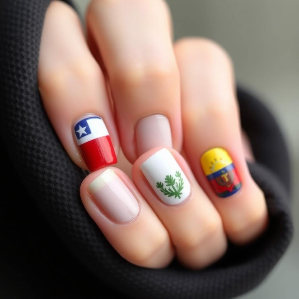 Create an elegant minimalist nail art design inspired by the cultures of Chile and Ecuador