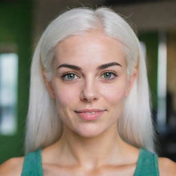 Photograph of a 30-year-old, average-build girl with white hair in a fitness room. She has long square proportional facial features, dimples in her cheeks, bow lips, large black eyebrows, smooth medium green eyes, and swarthy skin