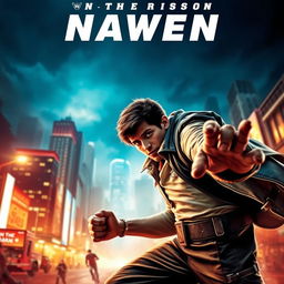 A dynamic and exciting movie poster featuring a heroic character in an action-packed scene