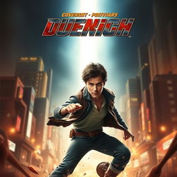 A dynamic and exciting movie poster featuring a heroic character in an action-packed scene