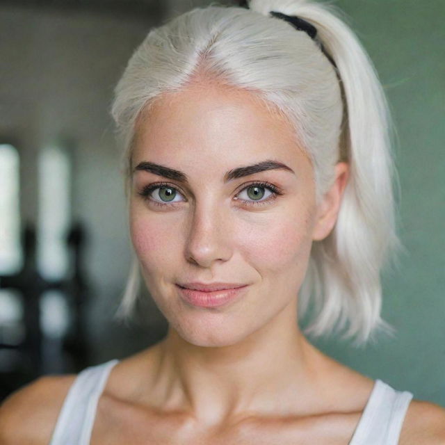 Photograph of a 30-year-old, average-build girl with white hair in a fitness room. She has long square proportional facial features, dimples in her cheeks, bow lips, large black eyebrows, smooth medium green eyes, and swarthy skin