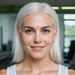 Photograph of a 30-year-old, average-build girl with white hair in a fitness room. She has long square proportional facial features, dimples in her cheeks, bow lips, large black eyebrows, smooth medium green eyes, and swarthy skin