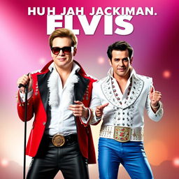 Design a movie poster featuring Hugh Jackman as Elton John and Ryan Reynolds as Elvis Presley