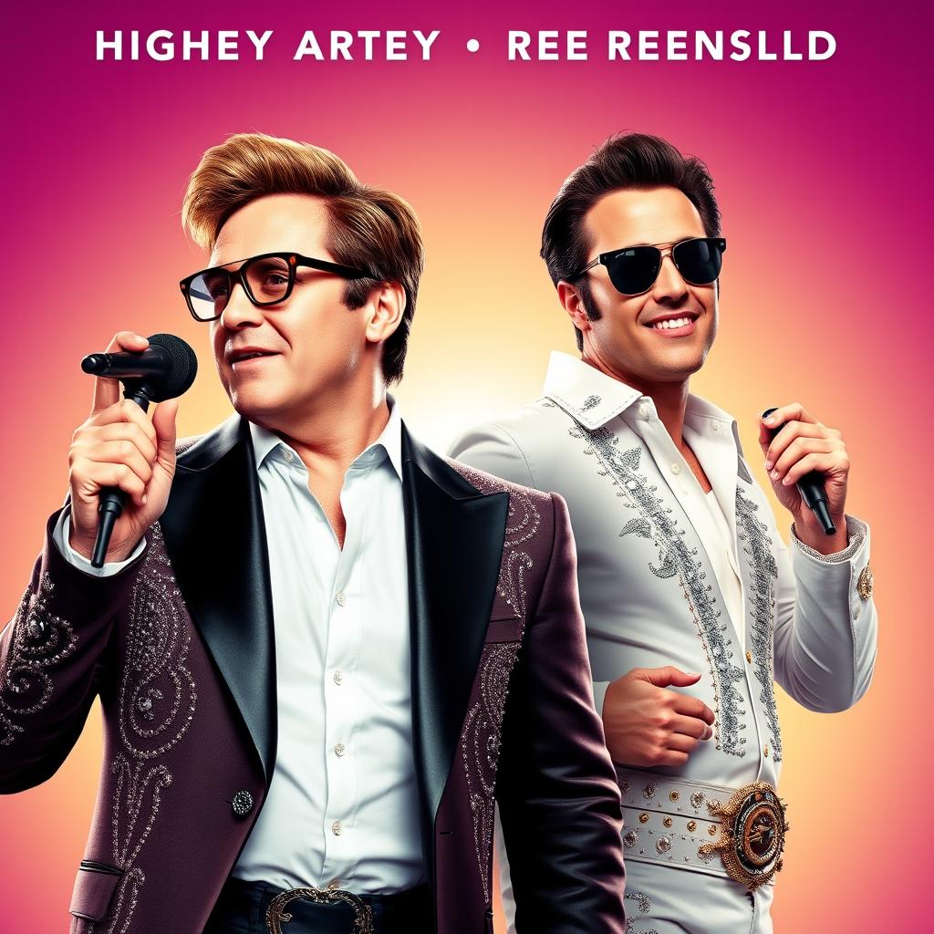 Design a movie poster featuring Hugh Jackman as Elton John and Ryan Reynolds as Elvis Presley