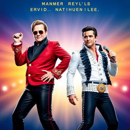 Design a movie poster featuring Hugh Jackman as Elton John and Ryan Reynolds as Elvis Presley