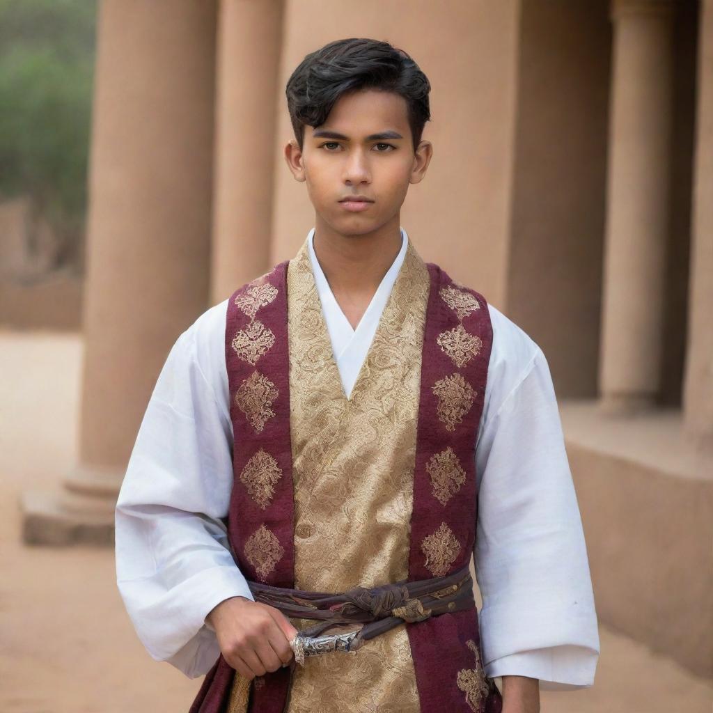 A handsome young scholar in traditional clothing, carrying a sword, ready for battle, embodying both wisdom in his faith and courage in the face of conflict.