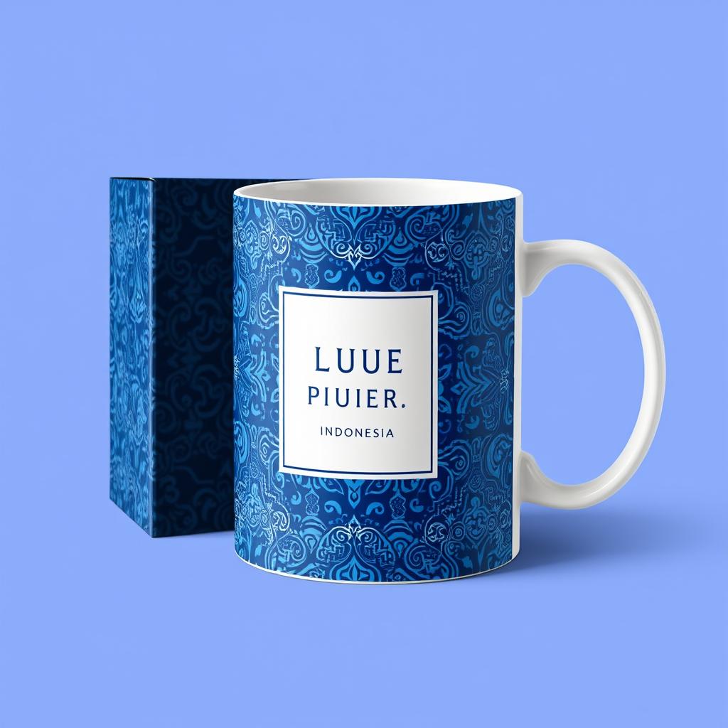 Create a packaging design for a mug inspired by batik from Indonesia, with a focus on blue color